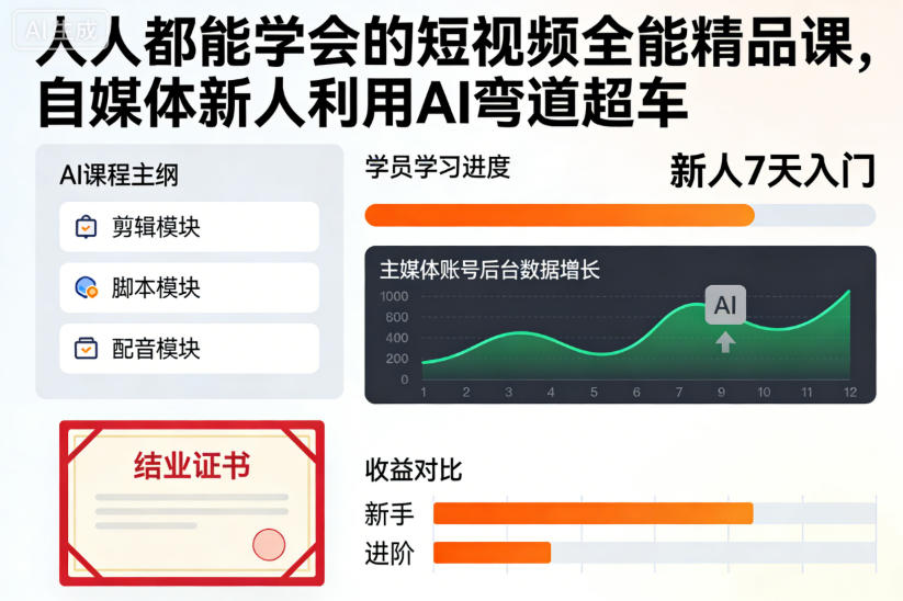 人人都能学会的短视频全能精品课，自媒体新人利用AI弯道超车-学链网创