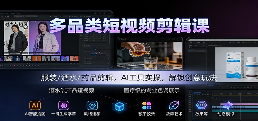 多品类短视频剪辑课：服装/酒水/药品剪辑，AI工具实操，解锁创意玩法-学链网创