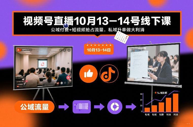 视频号直播10月13-14号线下课，公域付费+短视频抢占流量，私域升单做大利消-学链网创