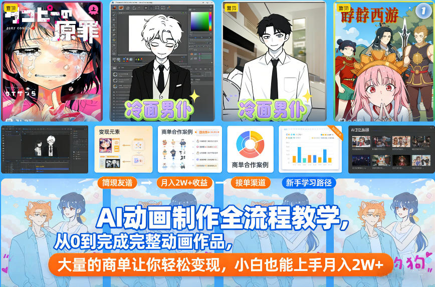 AI动画制作全流程教学，从0到完成完整动画作品，大量的商单让你轻松变现，小白也能上手月入2W+-学链网创