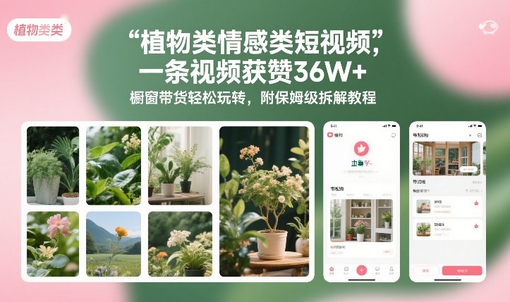 植物类情感类短视频，一条视频获赞36W+，橱窗带货轻松玩转，附保姆级拆解教程-学链网创