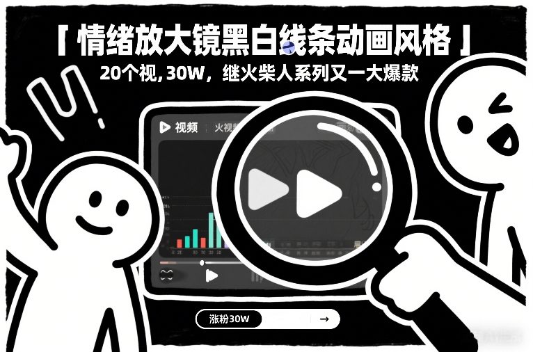 情绪放大镜黑白线条动画风格，20个视频，涨粉30W，继火柴人系列又一大爆款-学链网创