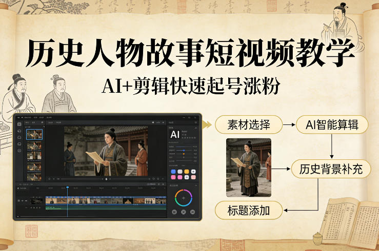 历史人物故事短视频教学，AI+剪辑制作历史人物题材短视频，快速起号涨粉-学链网创