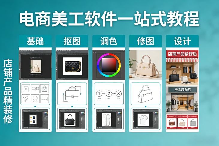 电商美工软件一站式教程，基础/抠图/调色/修图/设计，店铺产品精装修-学链网创