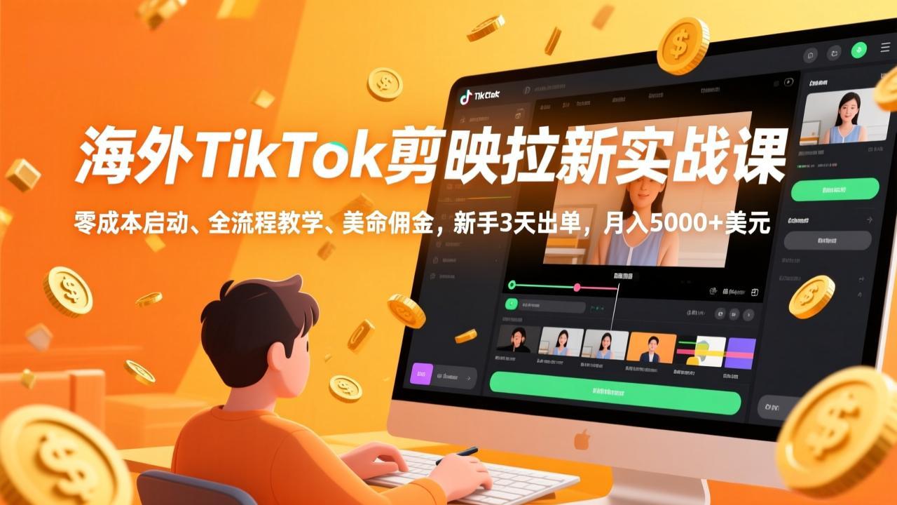 海外TikTok剪映拉新实战课，零成本启动、全流程教学、美金佣金，新手3天出单，月入5000+美元-学链网创