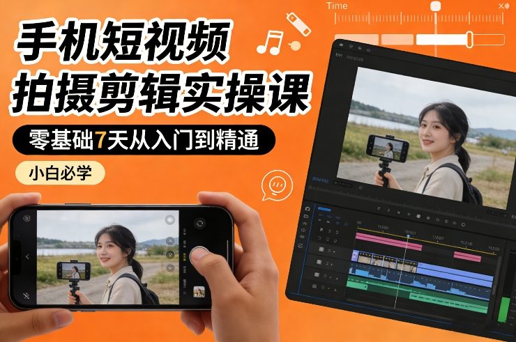 手机短视频拍摄剪辑实操课，零基础7天从入门到精通，小白必学-学链网创