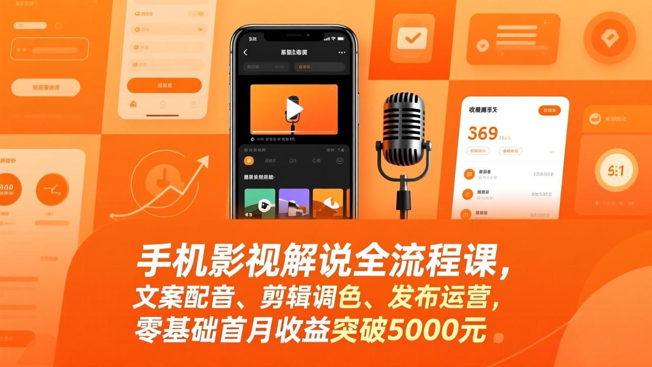 手机影视解说全流程课，文案配音、剪辑调色、发布运营，零基础首月收益突破5000元-学链网创