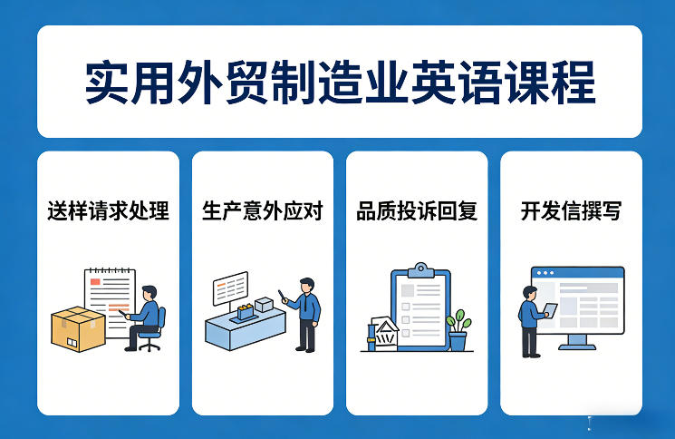 实用外贸制造业英语课程，教你专业处理送样请求、应对生产意外、回复品质投诉、撰写开发信等-学链网创