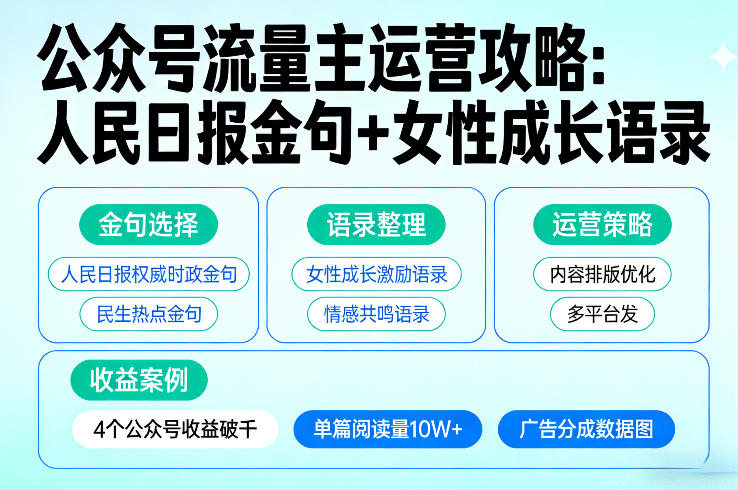 利用人民日报金句+女性成长语录做公众号流量主，4个公众号收益破千-学链网创