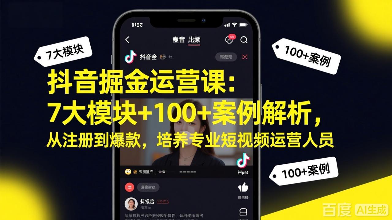 抖音掘金运营课：7大模块+100+案例解析，从注册到爆款，培养专业短视频运营人员-学链网创
