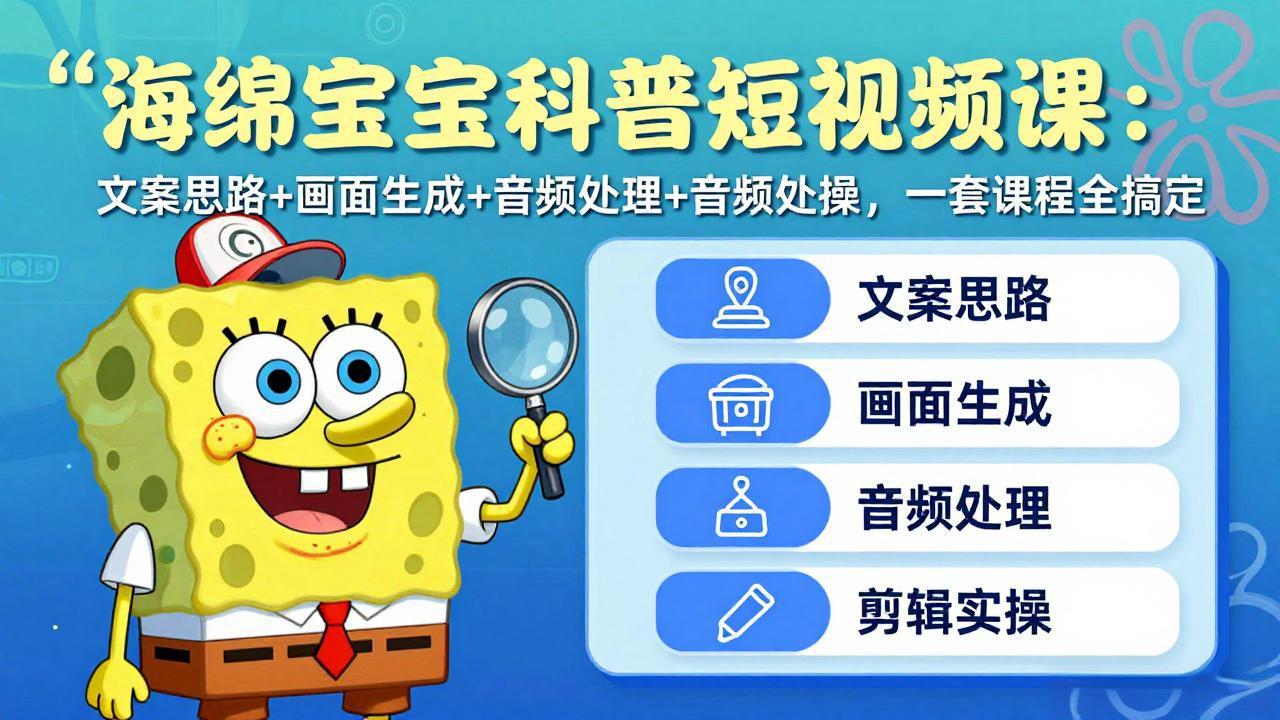 海绵宝宝科普短视频课：文案思路+画面生成+音频处理+剪辑实操，一套课程全搞定-学链网创