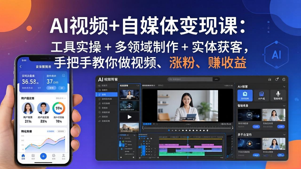 AI视频+自媒体变现课：工具实操 + 多领域制作 + 实体获客，手把手教你做视频、涨粉、赚收益-学链网创