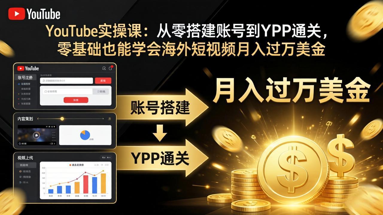 YouTube实操课:从零搭建账号到YPP通关,零基础也能学会海外短视频月入过万美金-学链网创