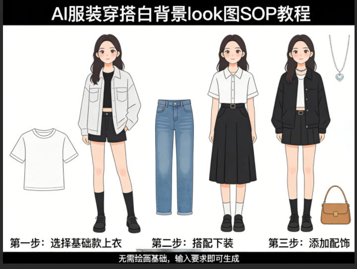 AI服装穿搭白背景look图SOP教程，不用会画画，提几句具体要求，AI就能还你一个奇迹-学链网创