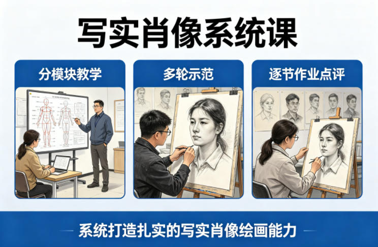 写实肖像系统课，全程分模块教学+多轮示范+逐节作业点评，系统打造扎实的写实肖像绘画能力-学链网创