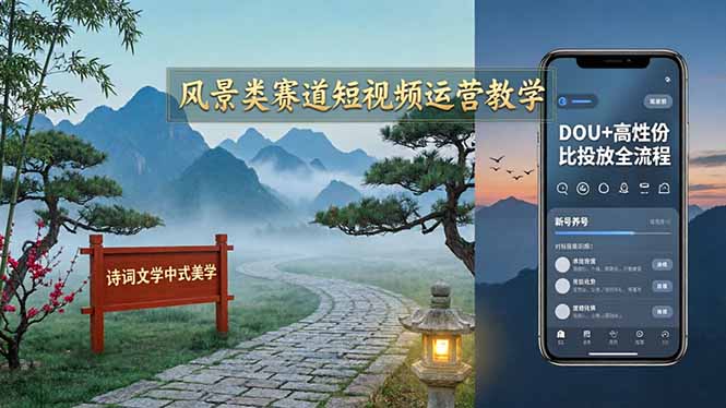 风景类赛道短视频运营教学：诗词文学中式美学，新号养号对标账号定位，DOU+高性价比投放全流程-学链网创