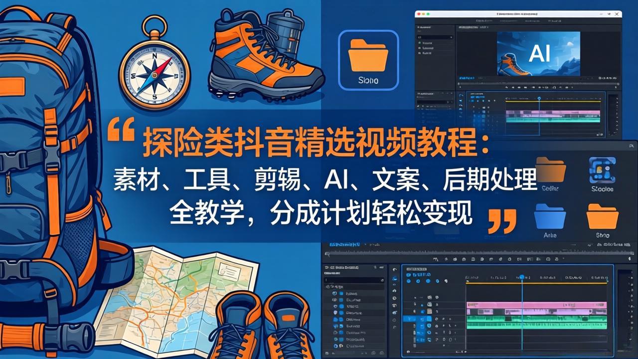 探险类抖音精选视频教程：素材、工具、剪辑、AI、文案、后期处理全教学，分成计划轻松变现-学链网创
