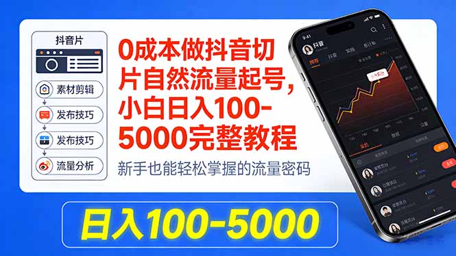 0成本做抖音切片自然流量起号，小白日入100-5000完整教程-学链网创