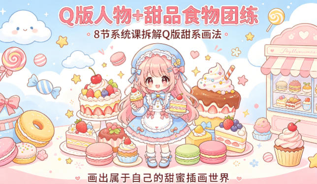Q版人物+甜品食物团练，8节系统课拆解Q版甜系画法，画出属于自己的甜蜜插画世界-学链网创