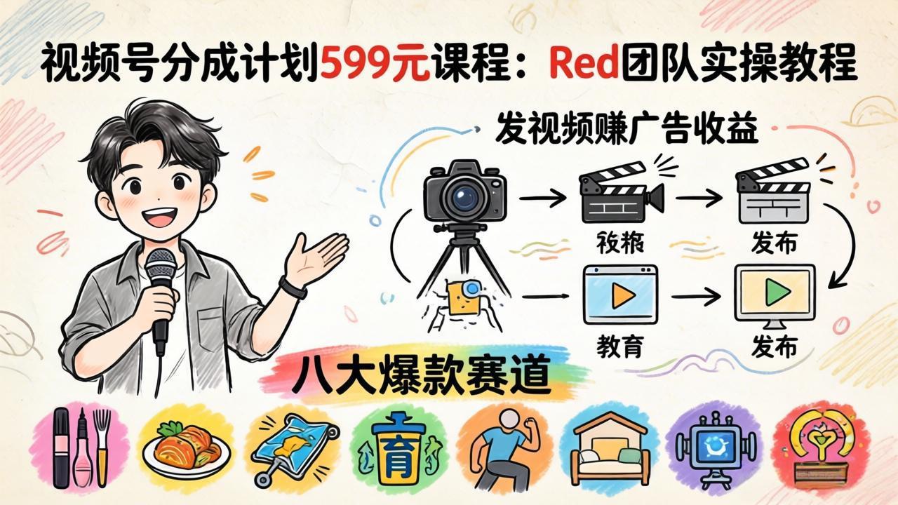 视频号分成计划599元课程：Red团队实操教程，发视频赚广告收益，八大爆款赛道全掌握-学链网创