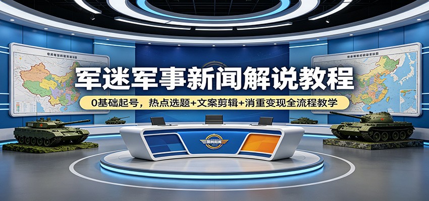 军迷军事新闻解说教程：0基础起号，热点选题+文案剪辑+消重变现全流程教学-学链网创