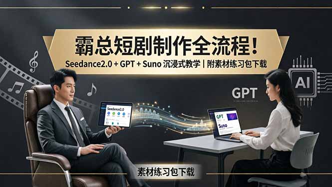 霸总短剧制作全流程！Seedance2.0 + GPT + Suno 沉浸式教学｜附素材练习包下载-学链网创