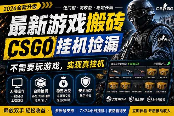 最新游戏搬砖，CSGO纯挂机，不需要玩游戏，实现真挂机，月入1W+，五一小高峰上车可吃肉，…-学链网创