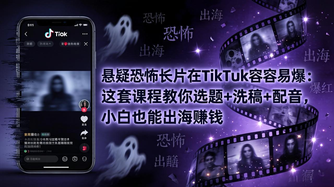 悬疑恐怖长片在TikTok最容易爆：这套课程教你选题+洗稿+配音，小白也能出海赚钱-学链网创