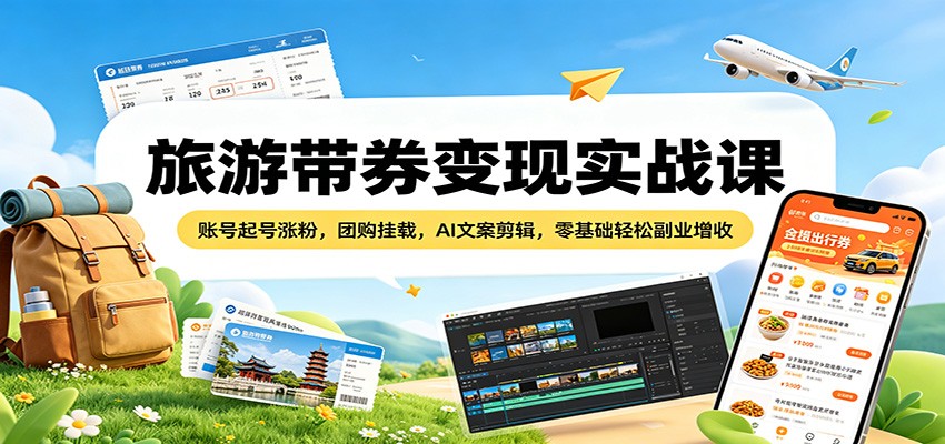 旅游带券变现实战课：账号起号涨粉，团购挂载，AI文案剪辑，零基础轻松副业增收-学链网创