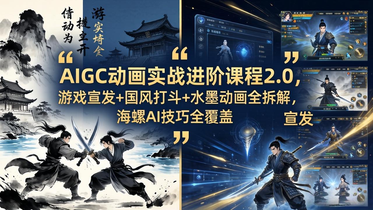 AIGC动画实战进阶课程2.0，游戏宣发+国风打斗+水墨动画全拆解，海螺AI技巧全覆盖-学链网创