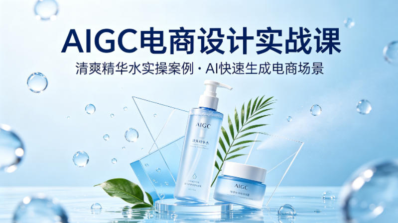 AIGC电商设计实战课，以清爽精华水为实操案例，教你用AI快速生成电商场景-学链网创