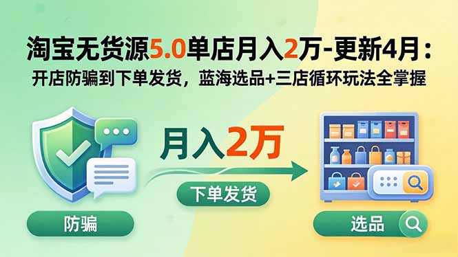 淘宝无货源5.0单店月入2万-更新5月：开店防骗到下单发货，蓝海选品+三店循环玩法全掌握-学链网创