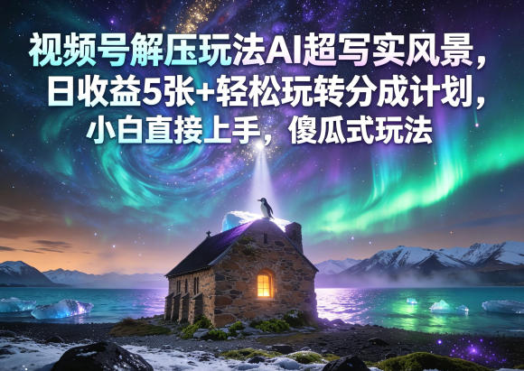 视频号解压玩法AI超写实风景，日收益5张+轻松玩转分成计划，小白直接上手，傻瓜式玩法-学链网创