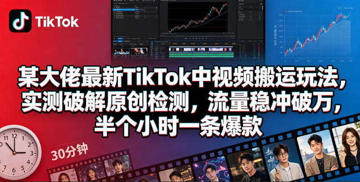 某大佬最新TikTok中视频搬运玩法,实测破解原创检测,流量稳冲破万,半个小时一条爆款-学链网创