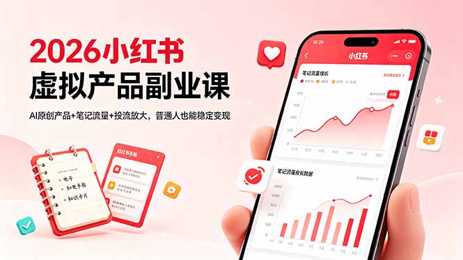 2026小红书虚拟产品副业课,AI原创产品+笔记流量+投流放大,普通人也能稳定变现-学链网创