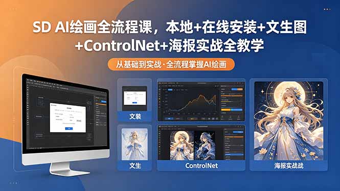 SD AI绘画全流程课,本地+在线安装+文生图+ControlNet+海报实战全教学-学链网创