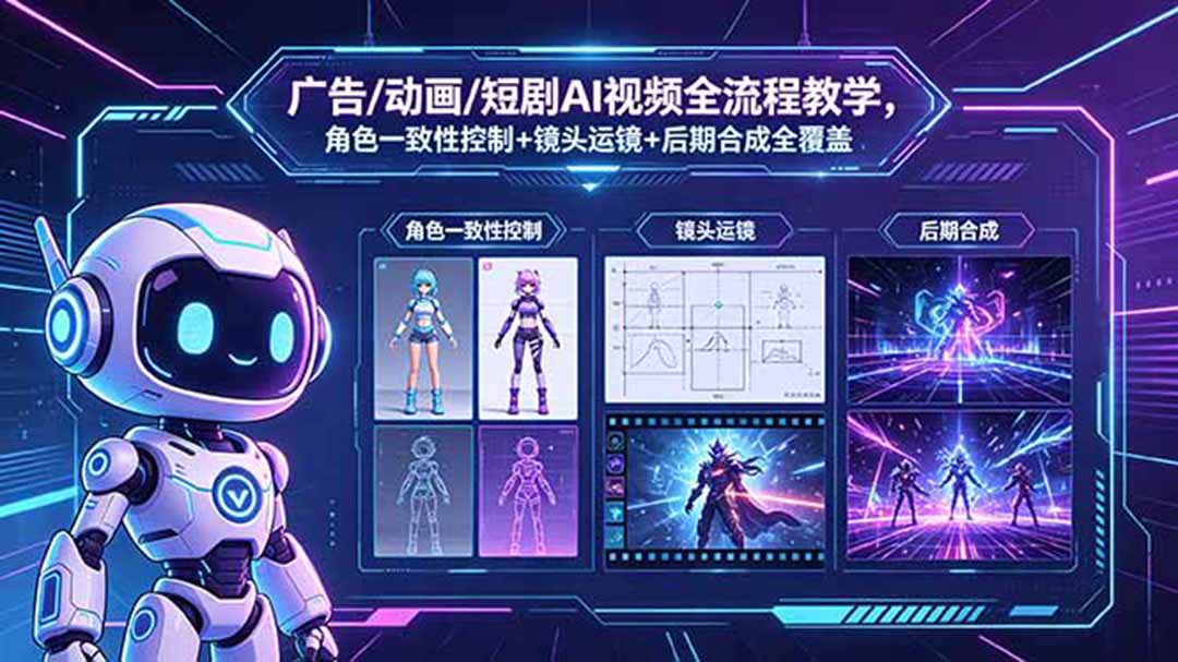 广告/动画/短剧AI视频全流程教学,角色一致性控制+镜头运镜+后期合成全覆盖-学链网创