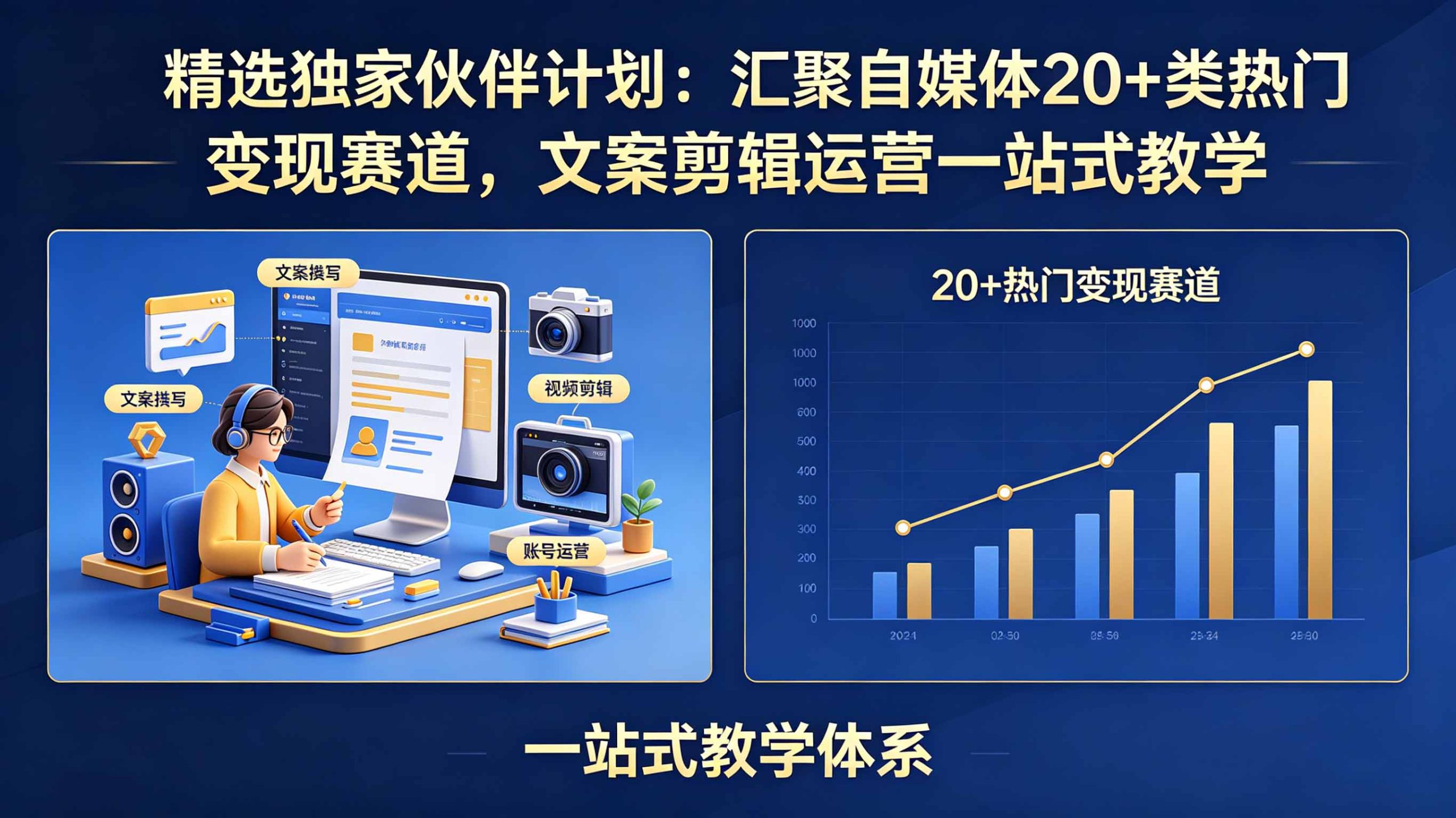 精选独家伙伴计划：汇聚自媒体20+类热门变现赛道，文案剪辑运营一站式教学-学链网创